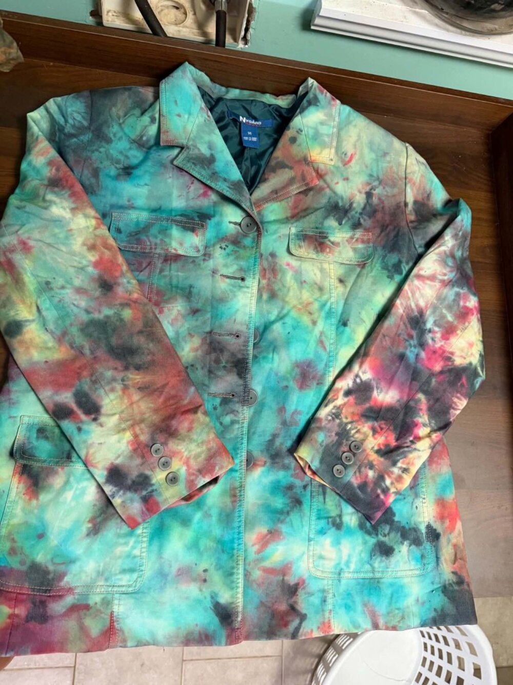 One-of-a-Kind Custom Ice Dye Button Front Jacket Blazer Boho Teal Crimson XL